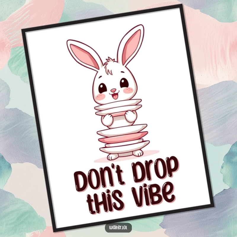 Funny poster of a happy bunny character whose ears wobble as it tries to balance a precarious stack of plates.