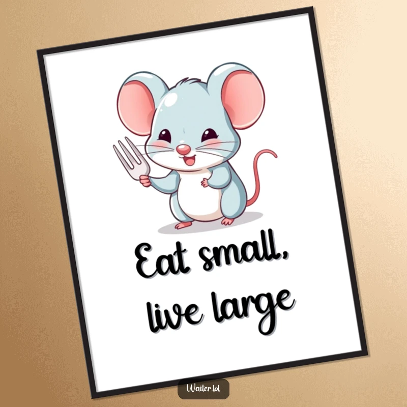 Funny poster featuring a charming mouse politely nodding and offering a tiny fork, adding humorous charm to decor.