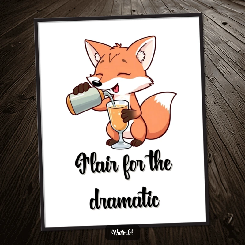Funny playful fox pouring a drink with an exaggerated flourish, a stylish art print, perfect for any decor, a funny gift.