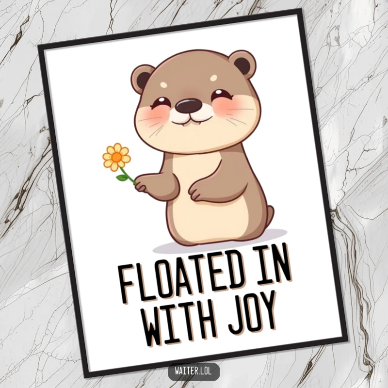Funny otter flower poster, a giggling otter presenting a single, tiny flower with a flourish, cheerful wall art.