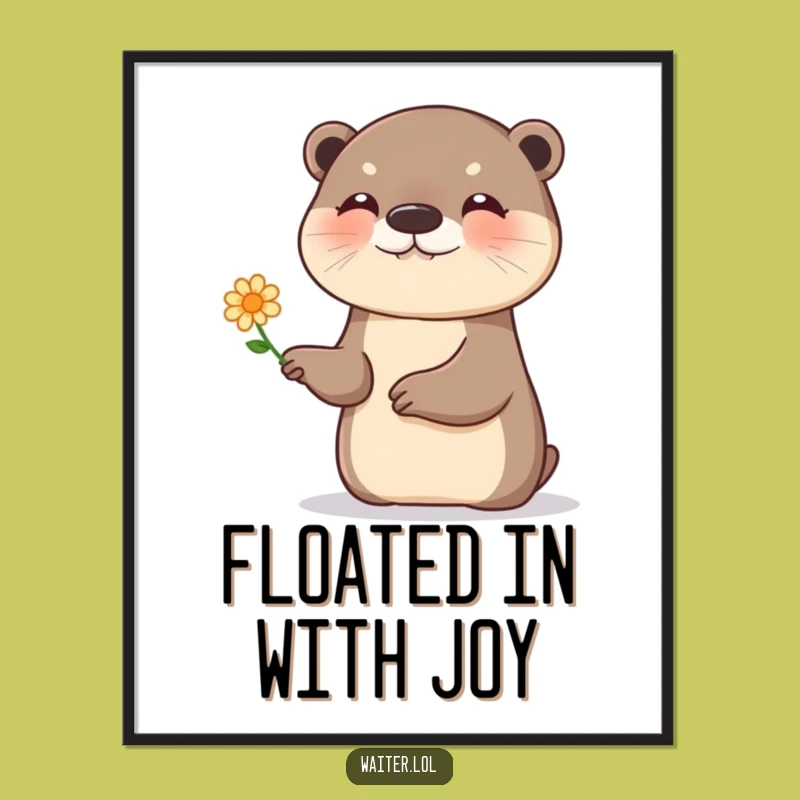 Funny Otter Flower Poster: Joyful Presentation Art Print, Cheerful Decor