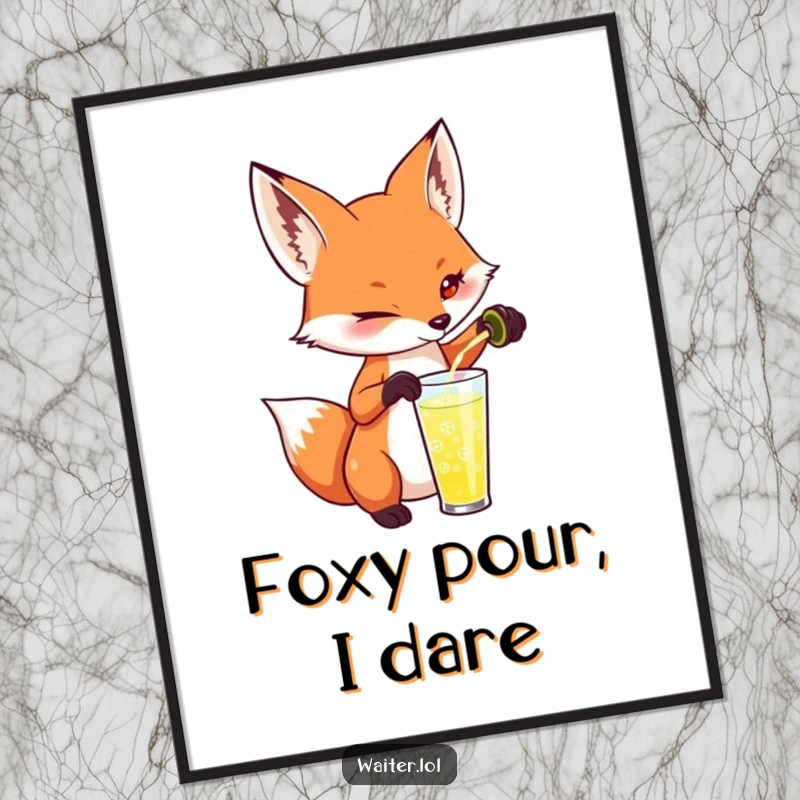 Funny fox poster print of a playful fox pouring a drink with a mischievous twinkle, capturing a moment of sly fun.
