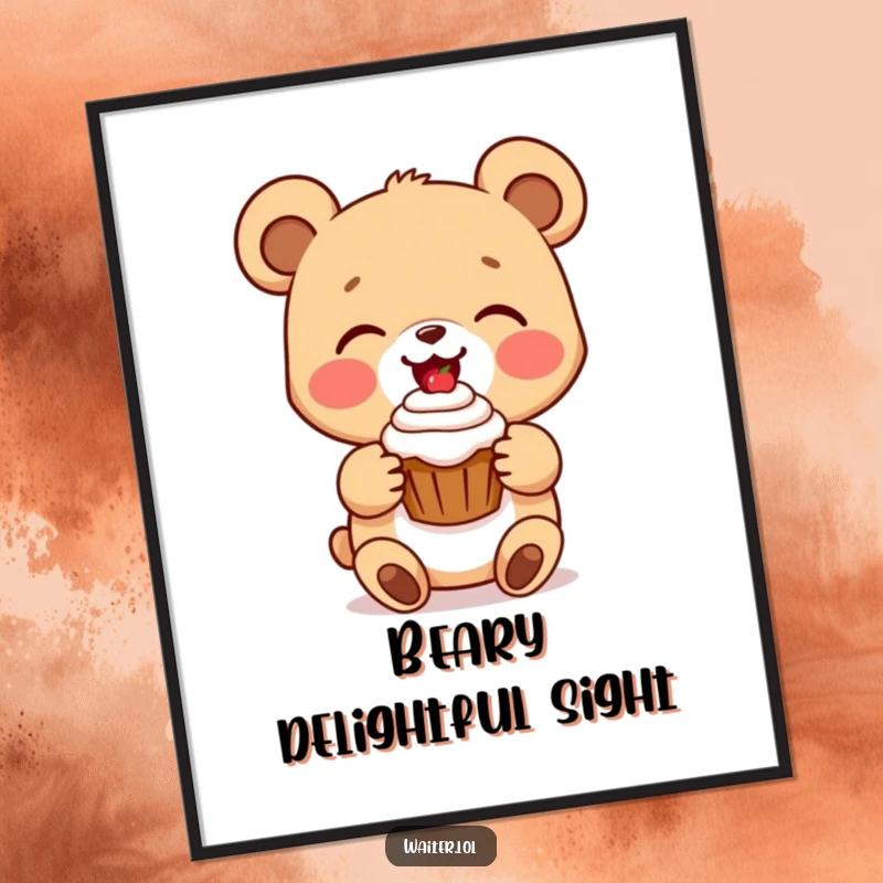 Funny bear cub poster featuring a delighted cartoon bear cub presenting a perfect cupcake with a beaming smile, sweet and heartwarming wall art.
