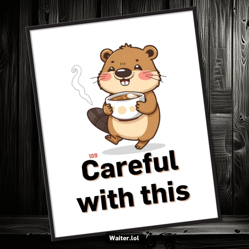 Funny beaver poster showcasing a busy character carefully carrying a steaming bowl, ideal for dedicated and warm humor.