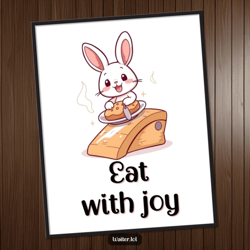 Funny cheerful bunny sliding a steaming plate down a ramp on a poster, featuring humorous speedy food delivery art.