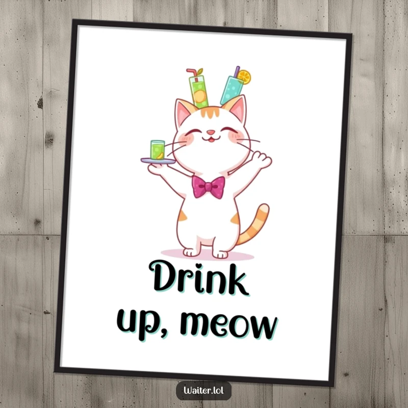 Funny art poster of a cheerful cartoon cat in a bowtie, precariously balancing a towering tray of drinks.