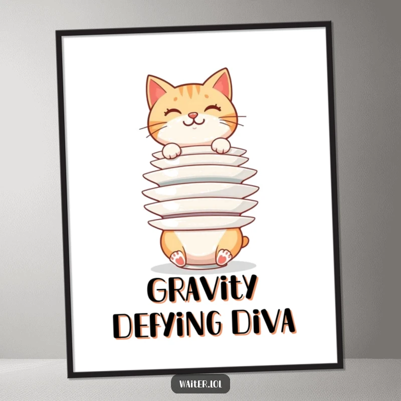 Funny cheerful cat balancing a huge stack of plates precariously, a humorous art print, perfect for cat lovers, a funny gift.