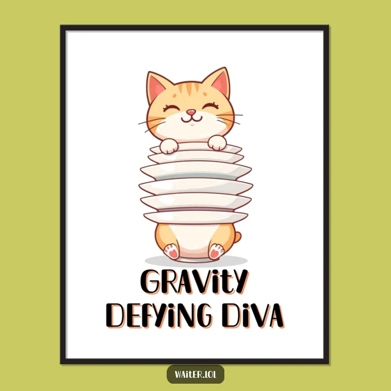 Funny Cat Plate Stacker Poster: Precarious Balance Art, Wall Decor, Perfect Funny Gift