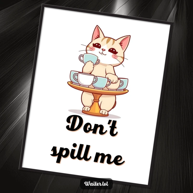 Funny cat poster print of a determined cat balancing a tray of teacups, showcasing a humorous and skillful feat.