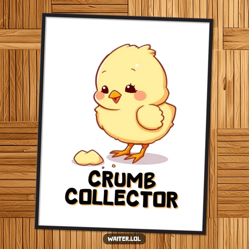 Funny poster featuring a fluffy chick character pecking at a crumb with a pleased expression, creating a humorous and charming scene.