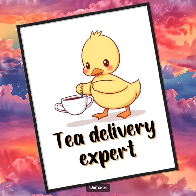 Funny poster showcasing a determined duckling carefully carrying a single teacup, adding a touch of playful determination and humor to decor.