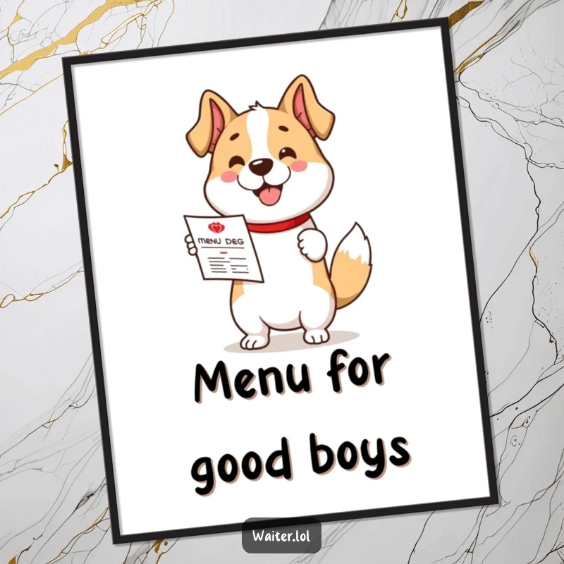 Funny poster of a cute dog character enthusiastically presenting a restaurant menu with its tail wagging happily.