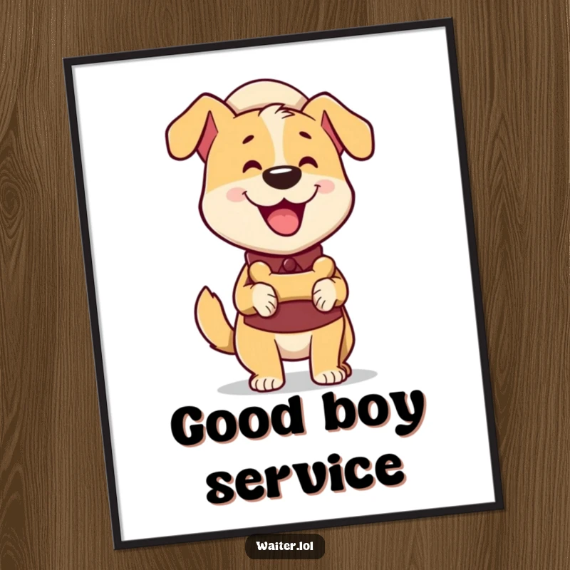 Funny Dog Waiter Poster: Joyful dog character in waiter attire delivers a bone-shaped treat with an enthusiastic wag for wall decor.