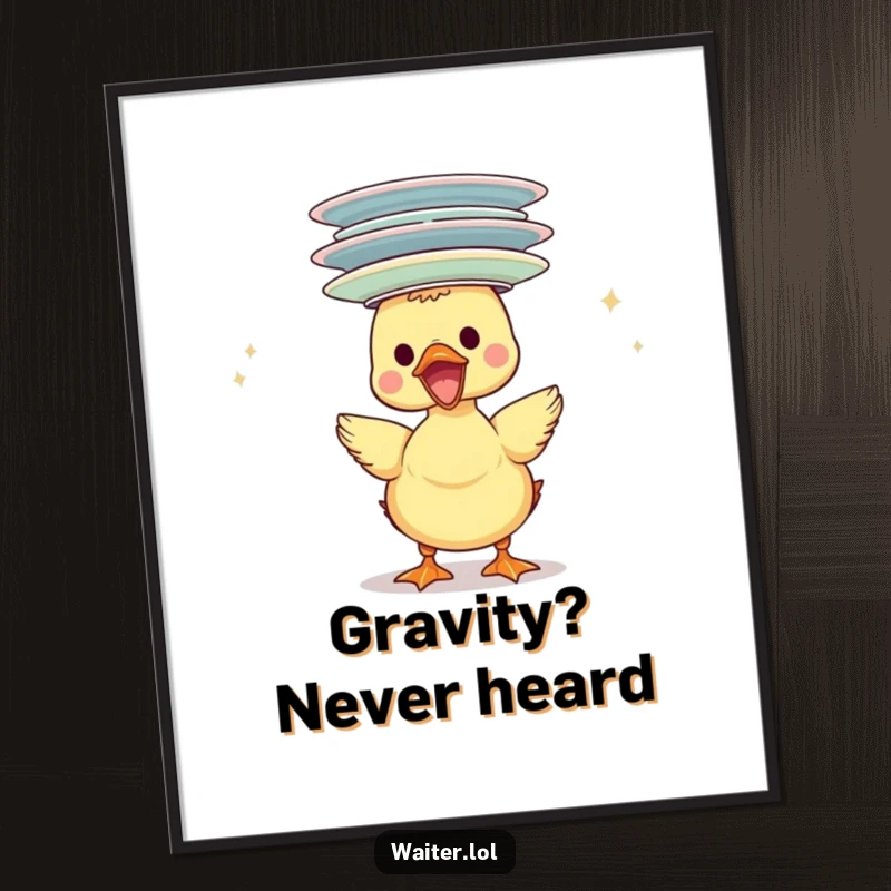 Funny duckling poster, gleefully balancing a wobbly tower of plates on its head, capturing a moment of pure, comical triumph.