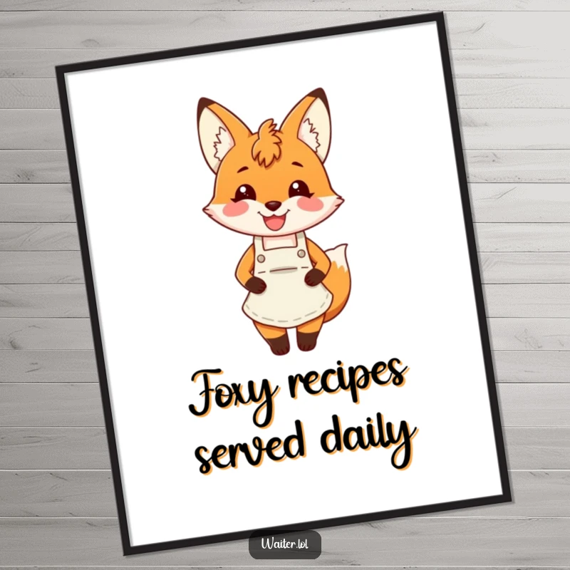 Funny fox apron poster featuring a charming fox wearing an apron and smiling broadly, ideal for wall decoration.