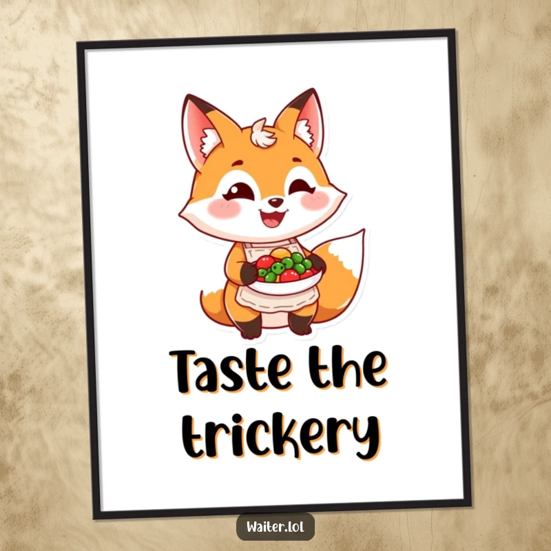 Funny grinning fox wearing an apron proudly presents a colorful dish on a poster, featuring humorous culinary art.