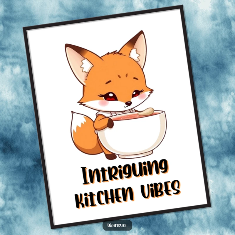 Funny fox chef poster featuring a curious cartoon fox in an apron peering into a steaming bowl with intrigue, whimsical and humorous wall art.