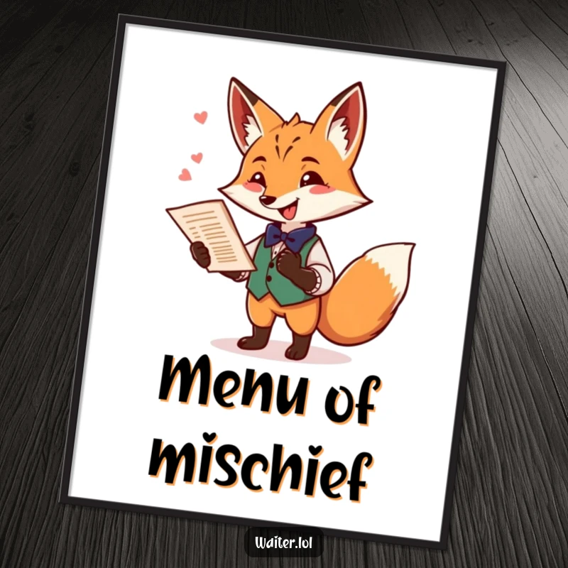Funny fox waiter poster showcasing a playful fox offering a menu with a flourish and a mischievous twinkle, for whimsical wall art.