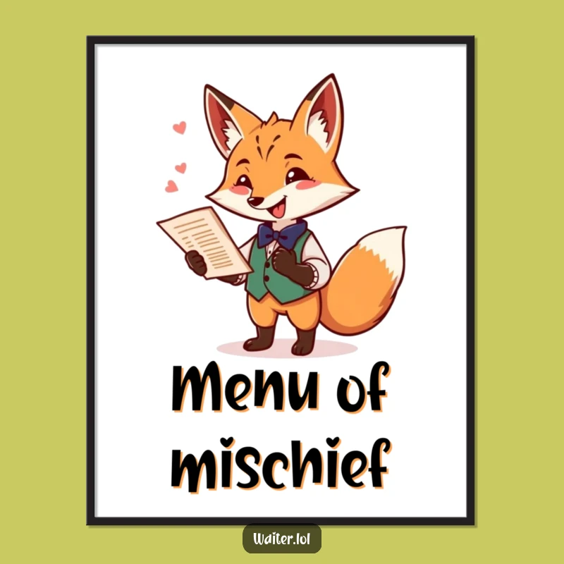 Funny Fox Waiter Poster: Playful Fox Art, Whimsical Humorous Gift for Decor