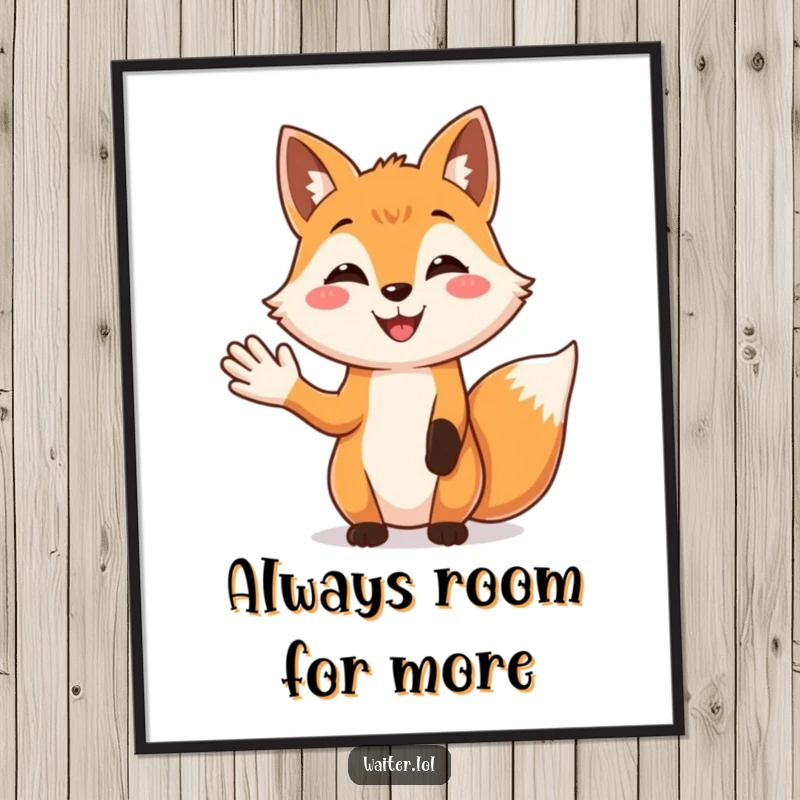 Funny Fox Welcome Poster: A smiling fox offers a warm, open-palmed greeting, making a charming addition to any wall.