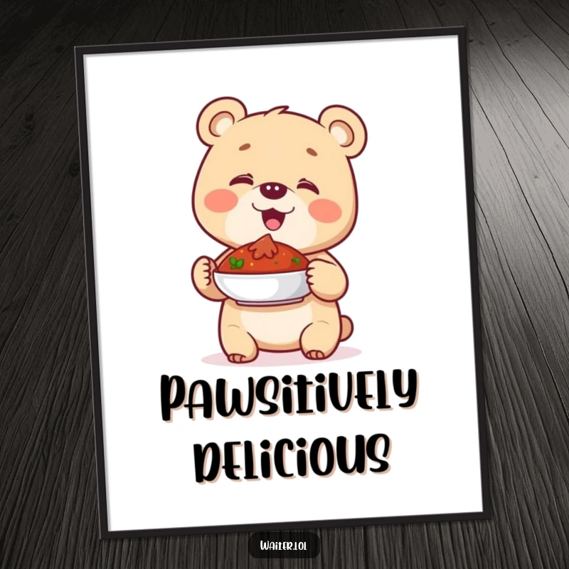 Funny poster featuring a giggling bear cub holding a dish with a proud, joyful gesture, perfect for wall art.