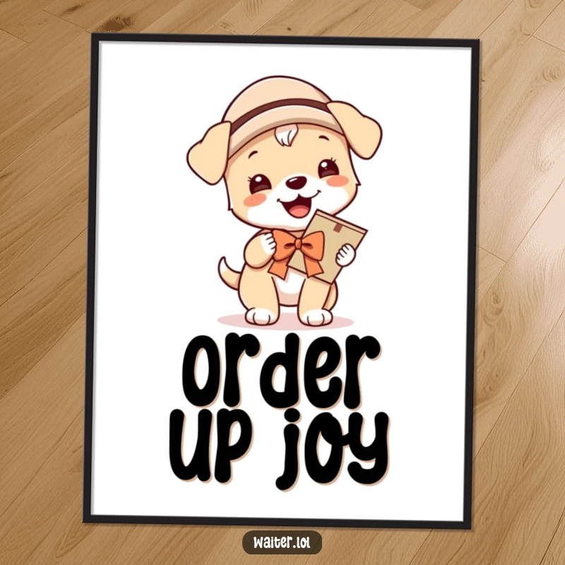 Funny poster print of a giggling puppy wearing a hat and bow, proudly carrying a menu, radiating cheerful service and undeniable cuteness.