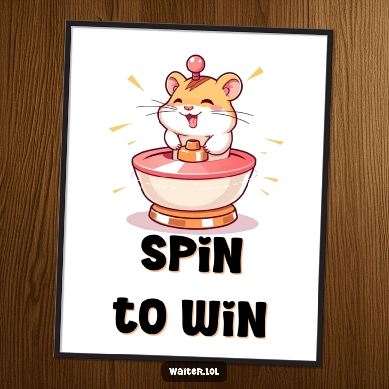 Funny hamster poster showcasing a giggling character spinning a lazy susan at lightning speed, ideal for energetic humor.