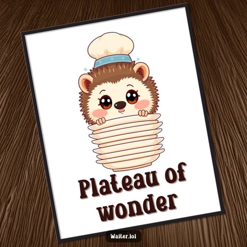 Funny Hedgehog Waiter Poster: Curious hedgehog waiter peering from behind a towering stack of plates with wide eyes for wall art.