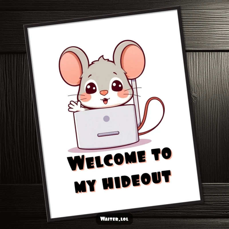 Funny Poster depicting a surprised cartoon mouse popping out from behind a napkin dispenser with a welcoming gesture, symbolizing friendly greetings.