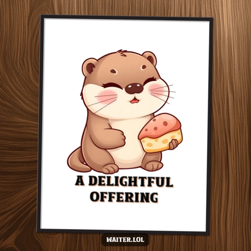 Funny Otter Pastry Poster: A cute otter winks while offering a single, tempting pastry, perfect for adding charm to any room.