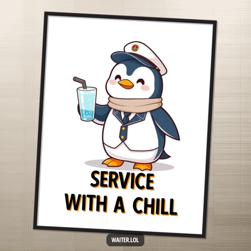 Funny Penguin Service Poster: A proud penguin in a sleek uniform offers a frosty drink with a dignified nod.