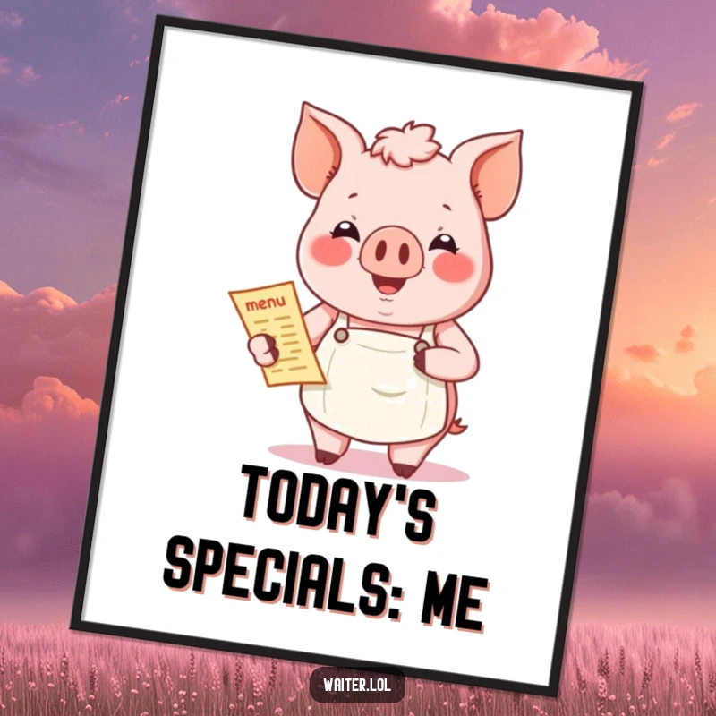 Funny Pig Menu Poster: A smiling pig in an apron holds a menu, bringing a touch of jovial hospitality.