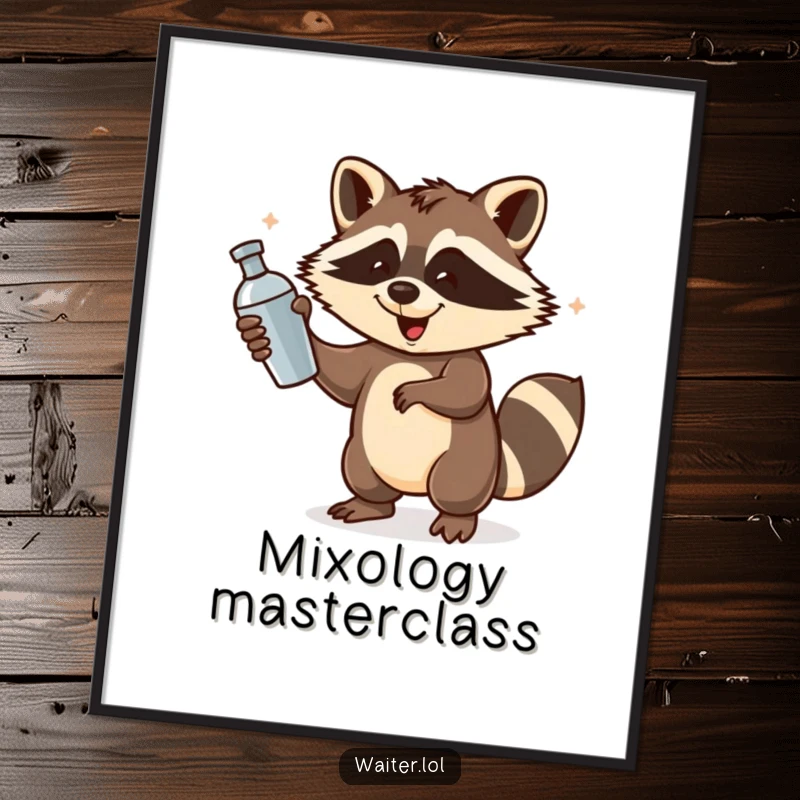 Funny Raccoon Bartender Poster: A playful raccoon energetically spins a cocktail shaker with a flourish, perfect for party decor.