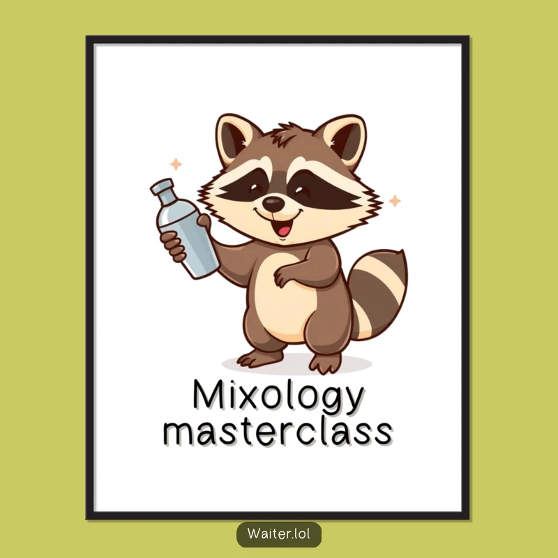 Funny Raccoon Bartender Poster: Energetic Shakin’ Raccoon Art, Party Decor, Hilarious Wall Gift