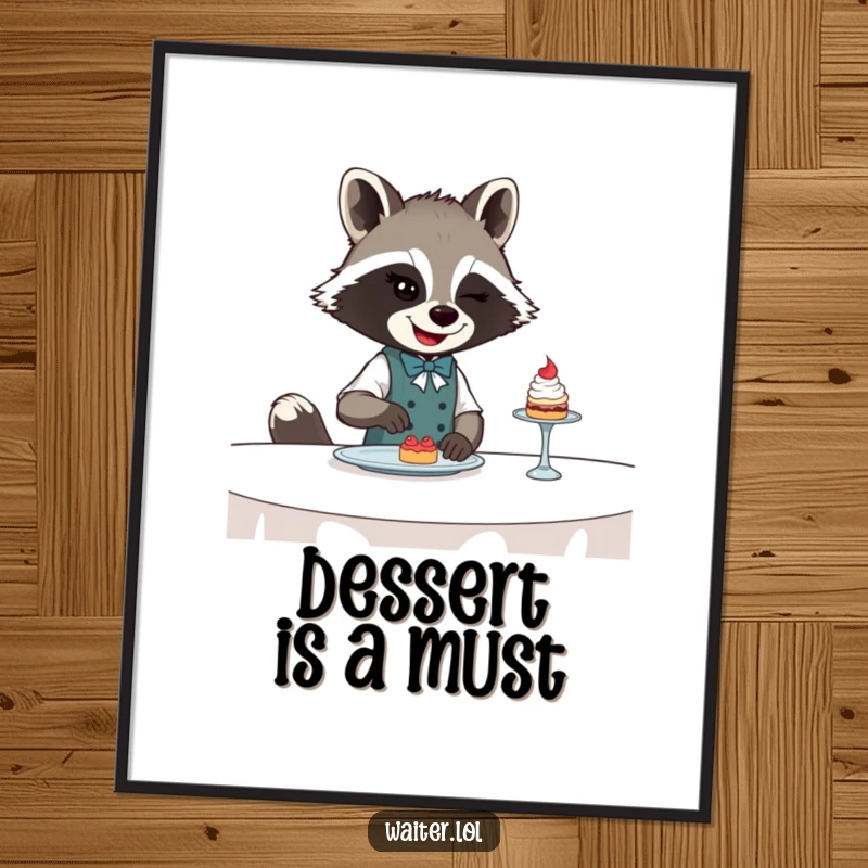 Funny Raccoon Waiter Poster: A winking raccoon waiter slides a small dessert across a table, adding humorous wall art.