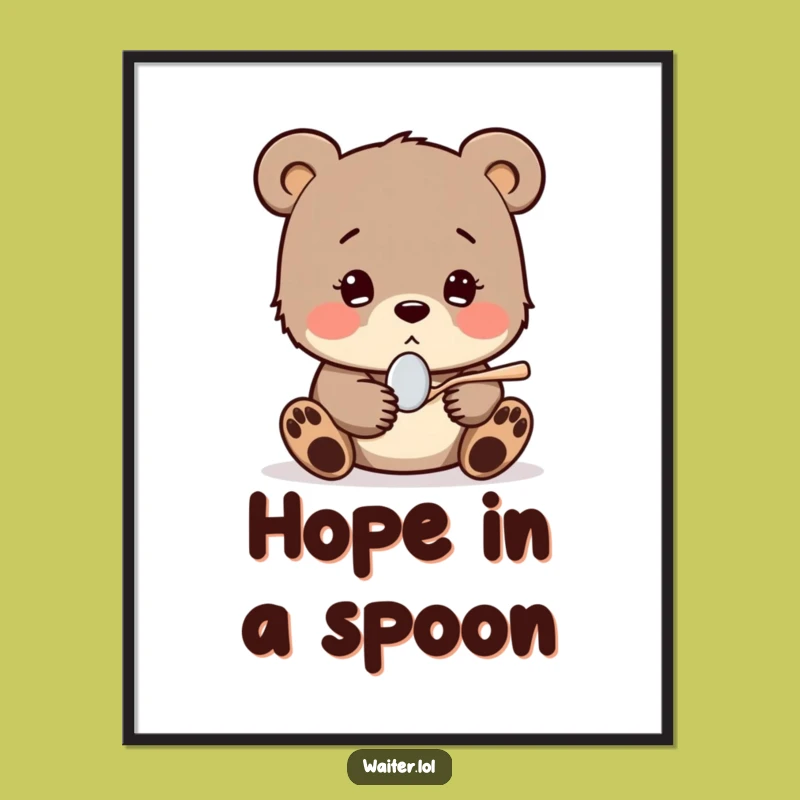 Funny Shy Bear Cub Spoon Poster: Adorable Wall Art for a Hopeful & Cheerful Space