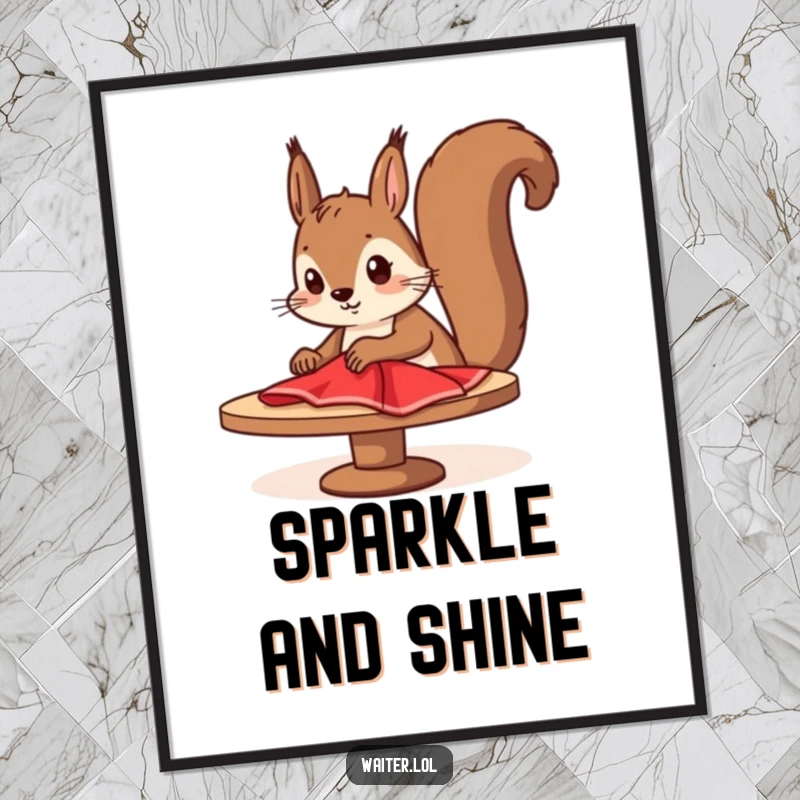 Funny squirrel cleaner poster featuring a determined cartoon squirrel diligently wiping a table with a red cloth, neat and humorous wall art.