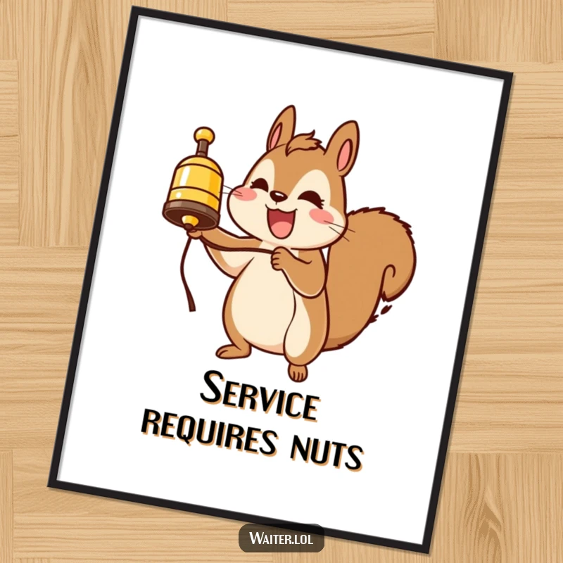 Funny squirrel service bell poster, a cheerful squirrel ringing a tiny bell with gusto, bringing energy and humor to wall art.