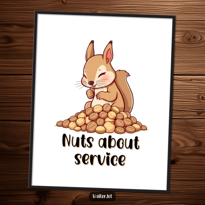 Funny Squirrel Waiter Poster: Determined squirrel waiter meticulously arranging a pile of nuts with intense focus for wall art.