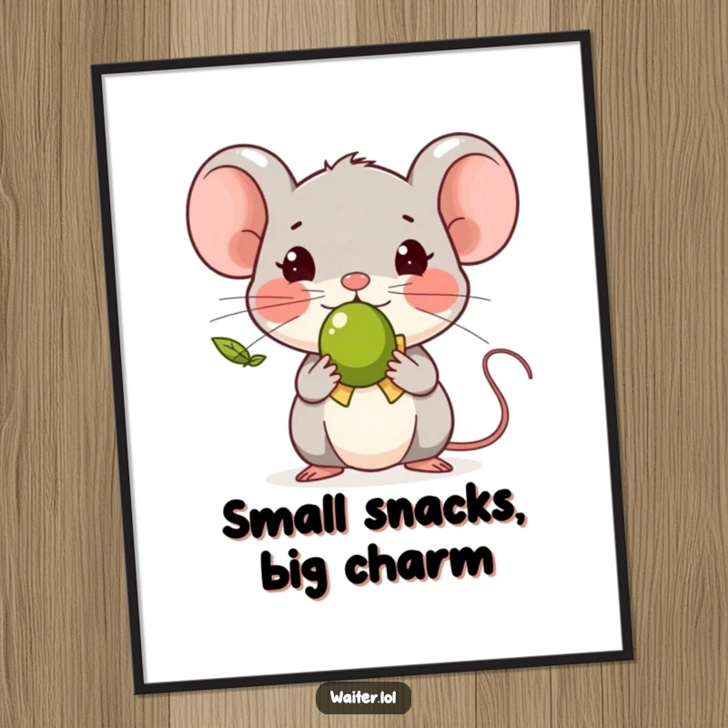 Funny tiny mouse character bowing politely while presenting a single olive, framed as a charming wall poster.
