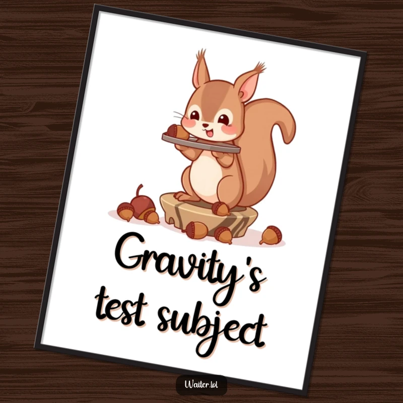 Funny Poster showcasing a cartoon squirrel in a comical pose, balancing a precarious tray of acorns, evoking lightheartedness.