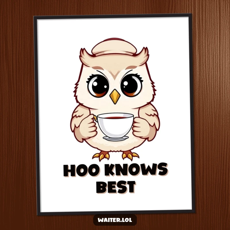 Funny owl waiter poster showcasing a cheerful bird in a cap, holding a teacup with wide, knowing eyes, creating whimsical wall art.