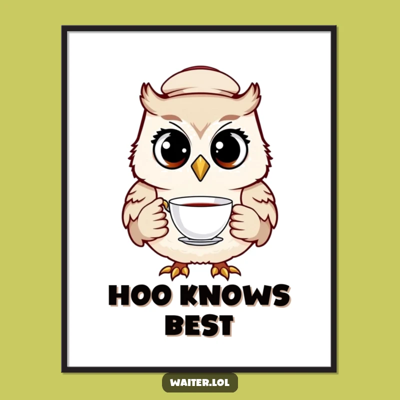 Funny Owl Waiter Poster: Cheerful Bird Art, Whimsical Humorous Gift for Home Decor