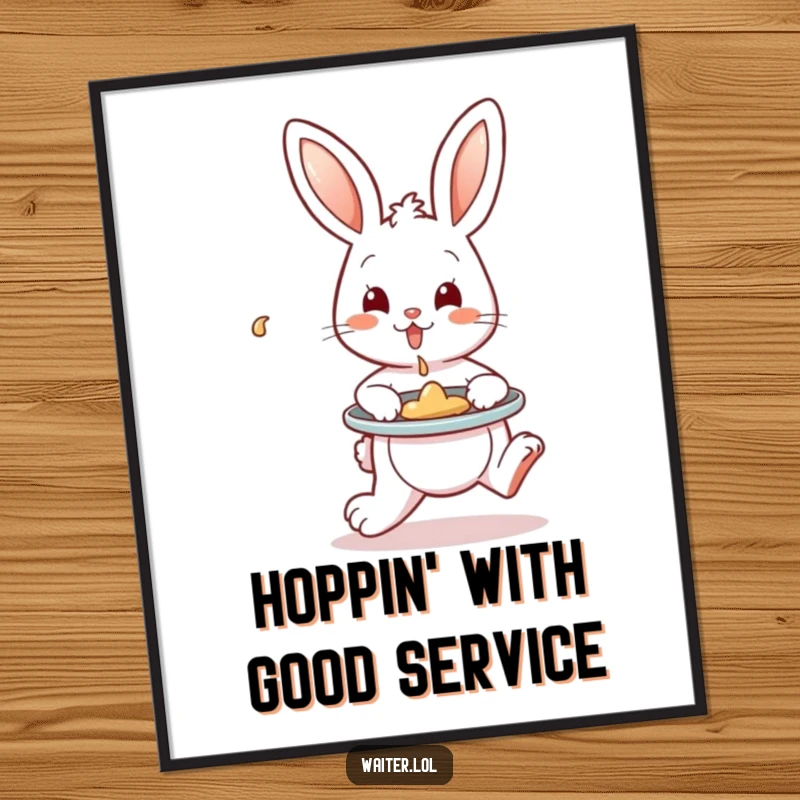 Funny Poster depicting a playful bunny hopping with a tray, artfully containing a single spill, symbolizing carefulness and humorous mishaps.