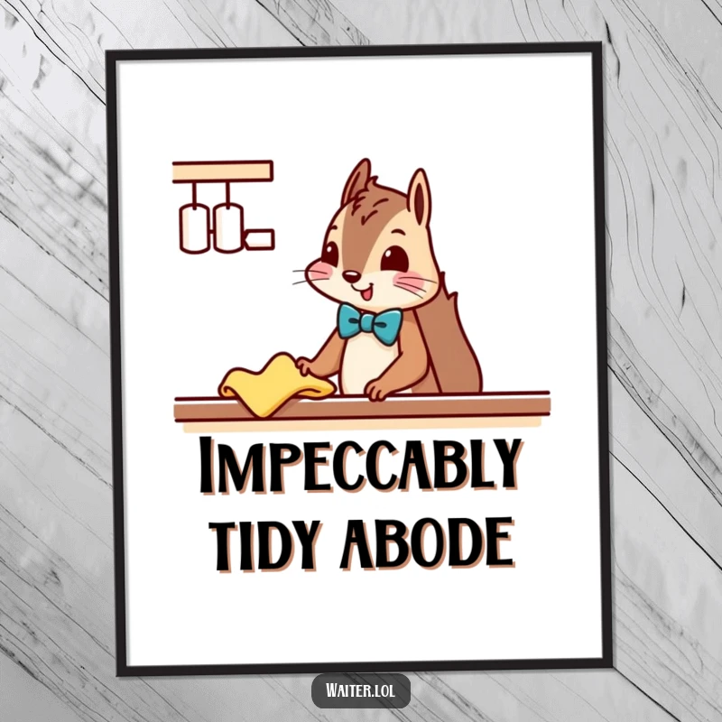 Funny Squirrel Cleaner Poster: A squirrel dressed in a bowtie politely wipes a counter with a cloth, adding charm to decor.