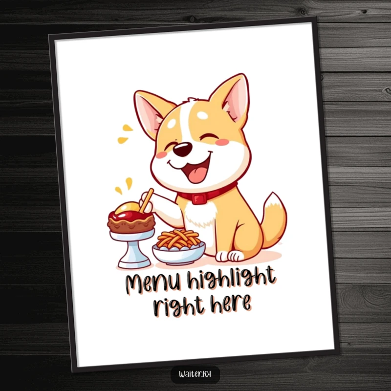 Funny Dog Menu Poster: A happy dog points enthusiastically towards a delicious menu item, perfect for wall art.