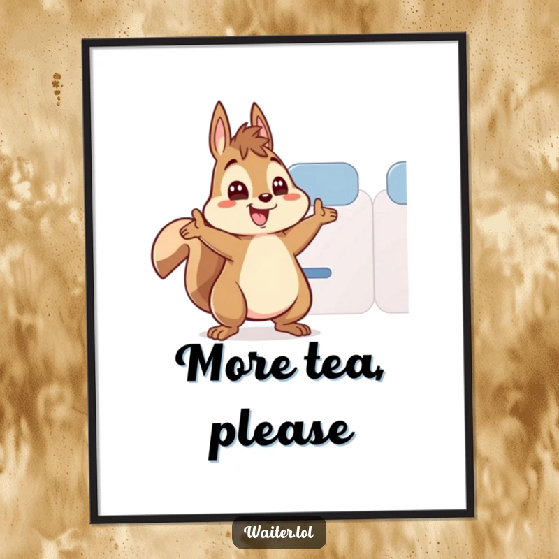Funny poster of an energetic squirrel character with wide eyes, enthusiastically refilling a teacup.