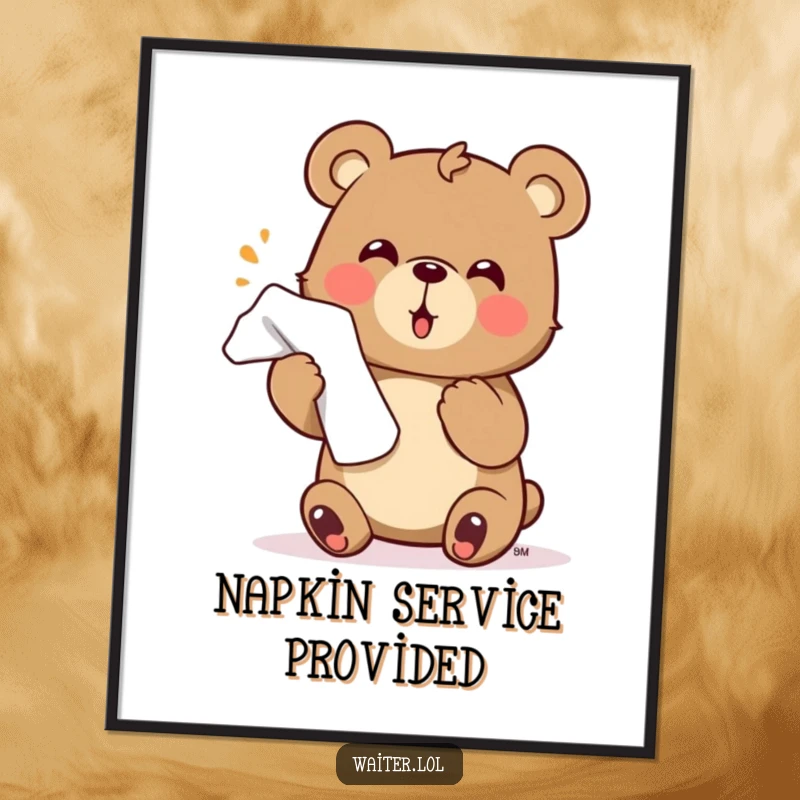 Funny bear poster showcasing a cute character enthusiastically offering a napkin with a flourish, ideal for welcoming humor.