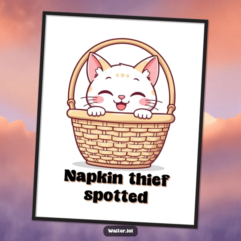 Funny poster showcasing a smiling cat peeking out from behind a napkin basket, adding a playful and humorous touch to decor.