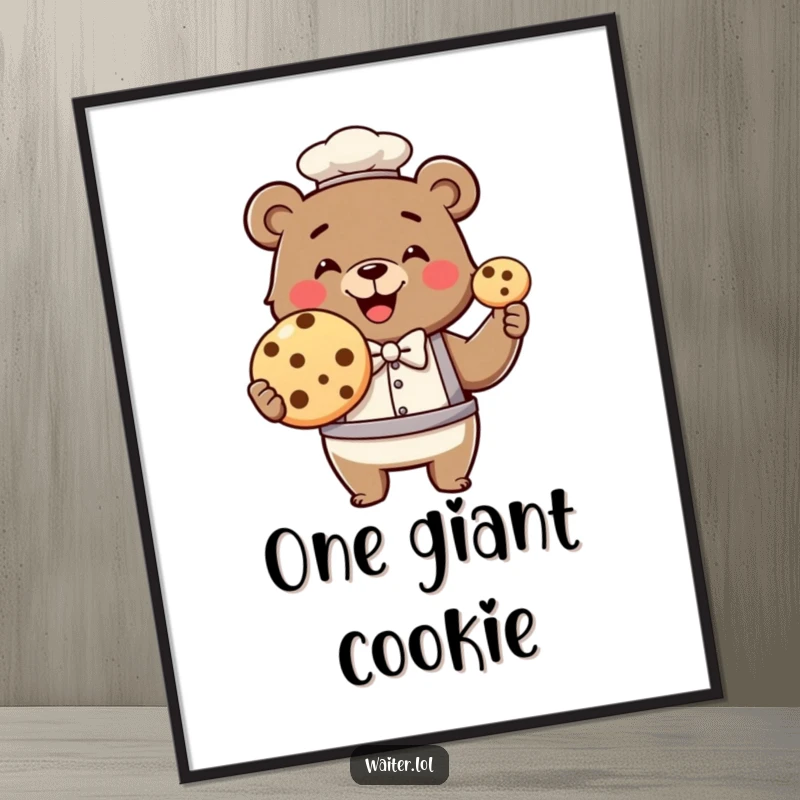 Funny bear waiter poster, a smiling bear wearing a bowtie proudly presents a single, giant cookie with utmost satisfaction.